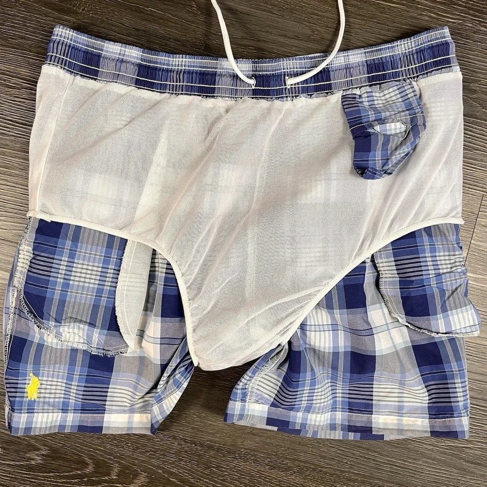 Polo Ralph Lauren Mens Swim Shorts Trunks Blue Plaid‎ XL Lined Resortwear Beach